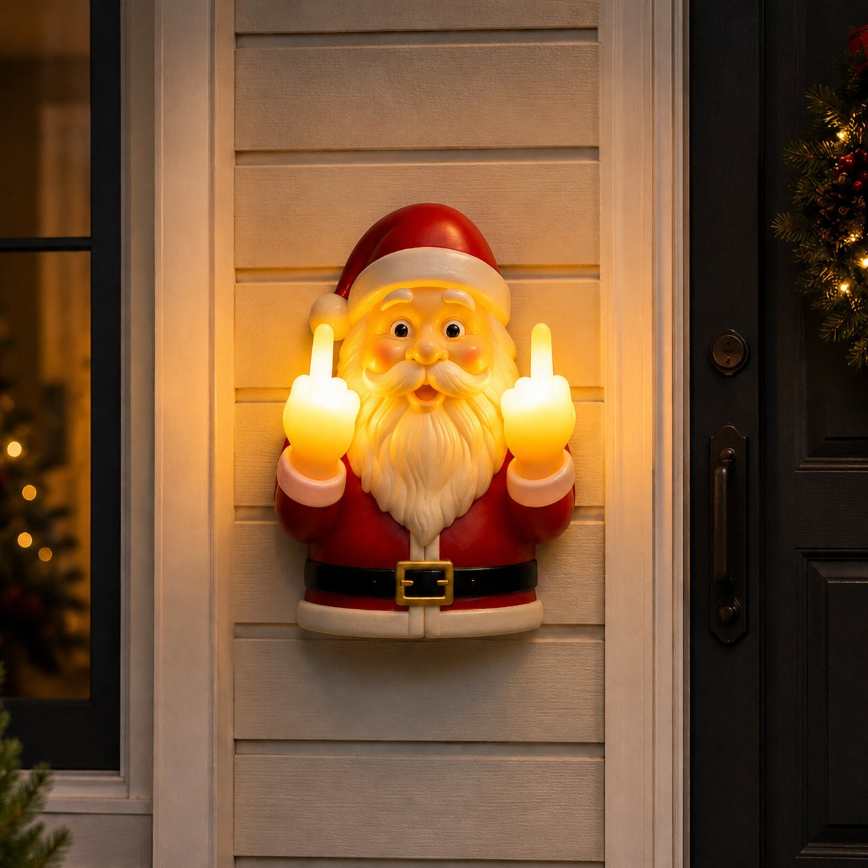 Close view of Santa with two glowing middle-finger hands