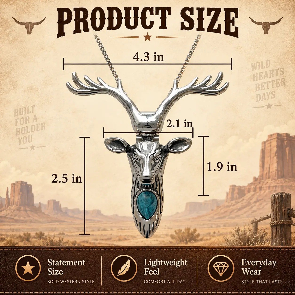 Deer pendant measurement diagram with dimensions in inches