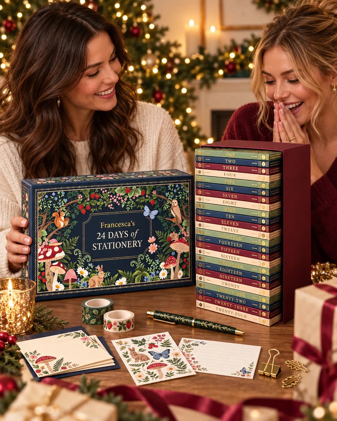 Friends enjoying a 24 Days of Stationery Christmas gift set