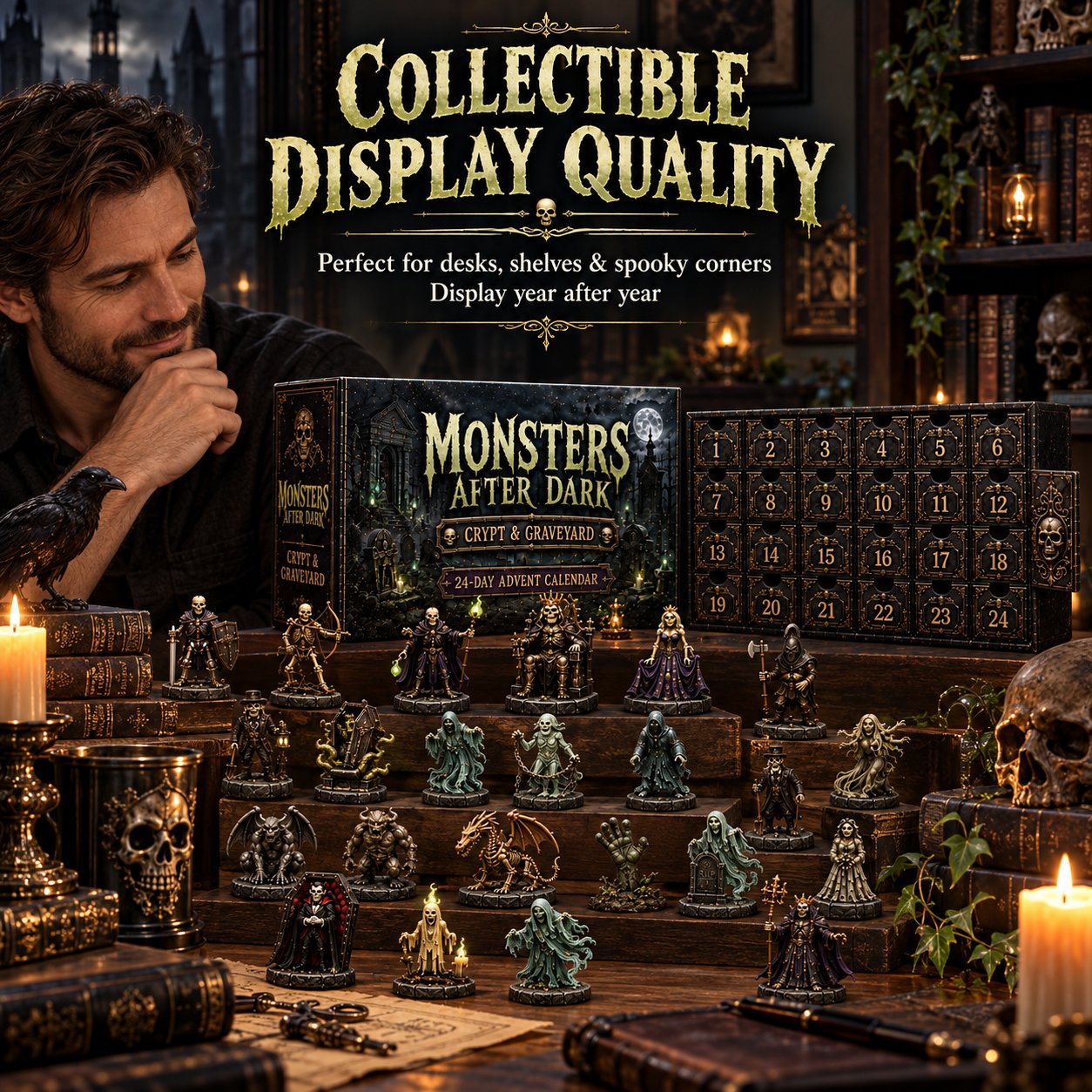 Monster miniatures arranged as a collectible tabletop display beside their calendar box