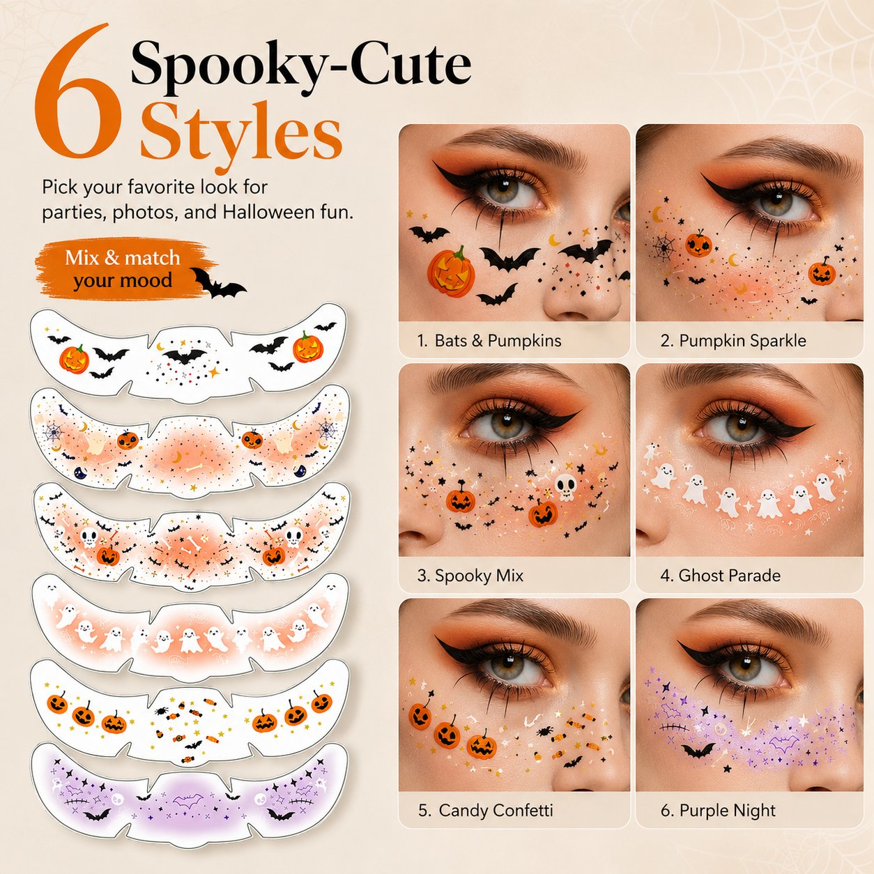 Six Halloween face tattoo styles including bats pumpkins ghosts and purple spooky designs