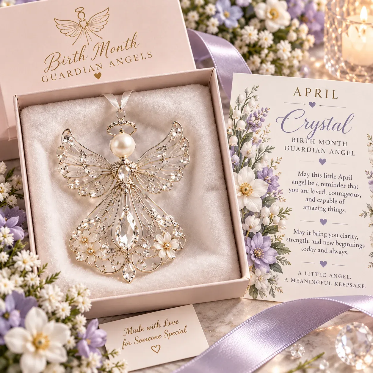 April guardian angel with crystal white-inspired accents