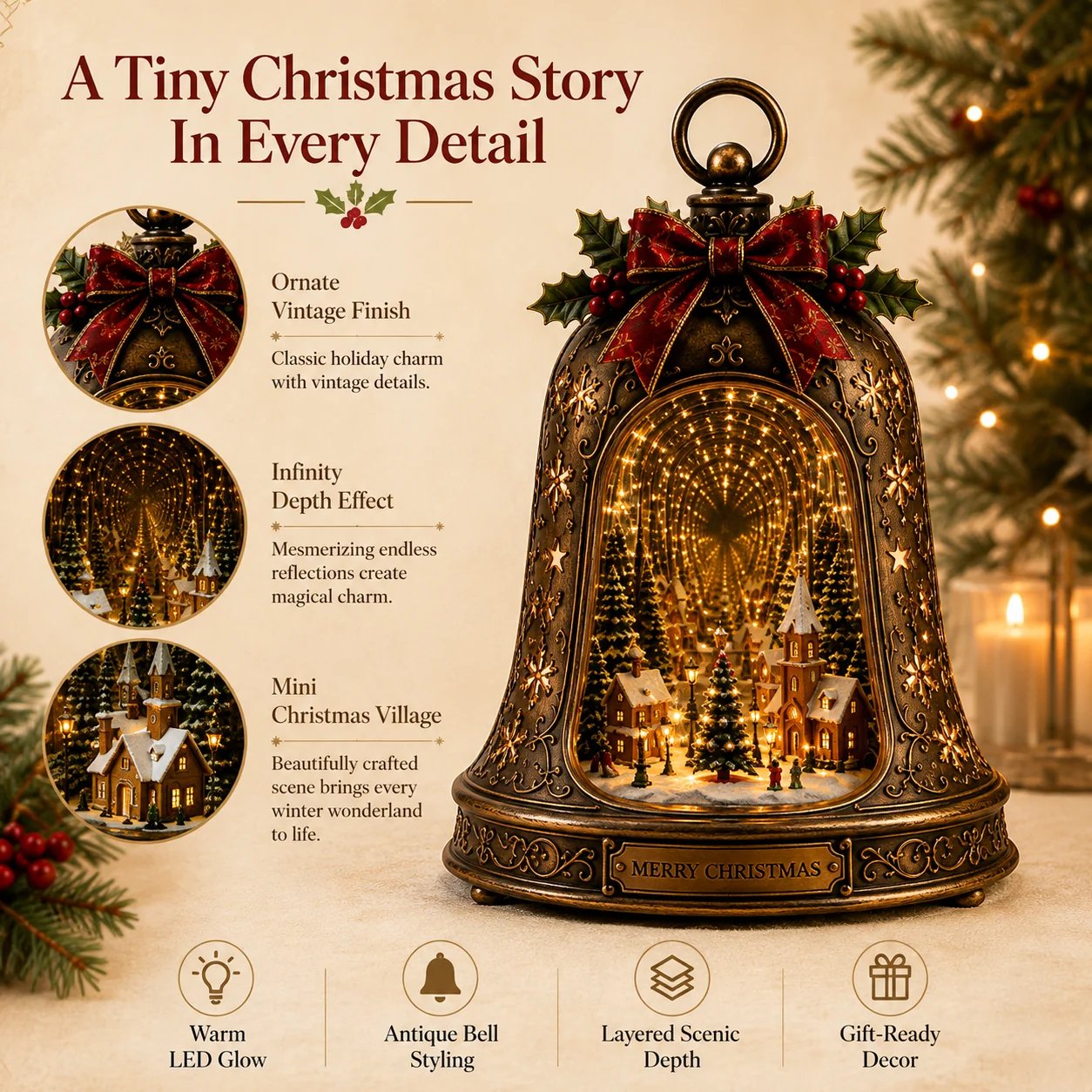 Christmas Village Infinity Bell Lighted 3D Holiday Decor
