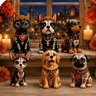 Folk art animal figurines with marigold decor