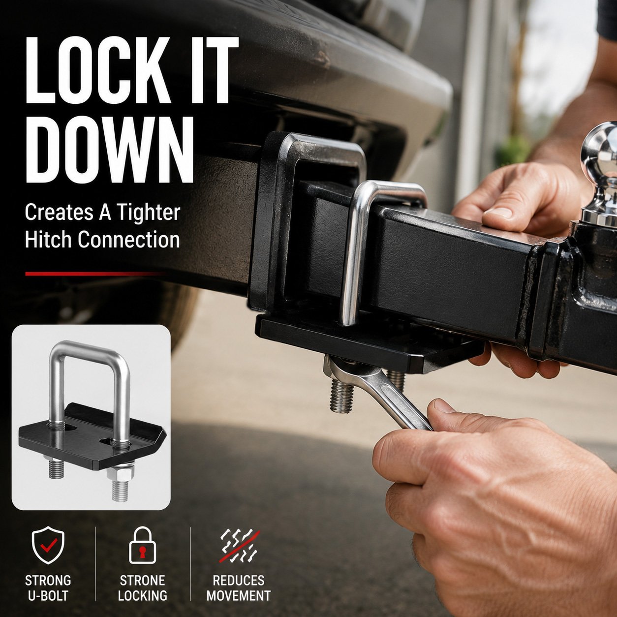 U-bolt and stabilizing plate clamped around a receiver hitch