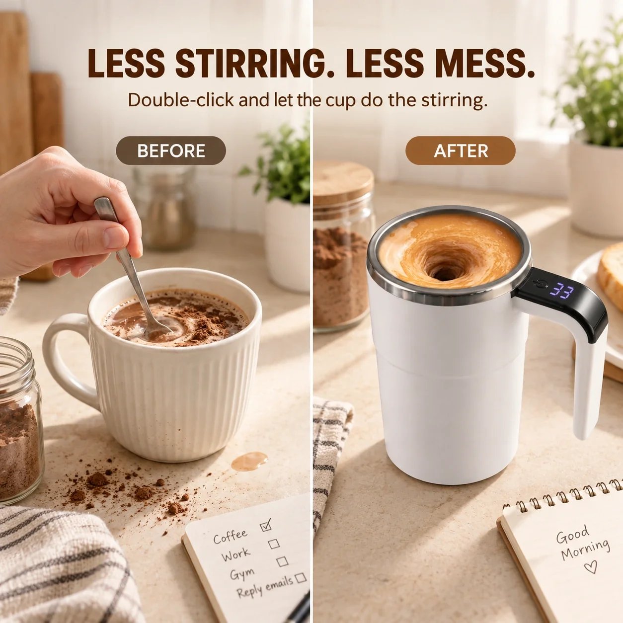 Comparison between manual spoon stirring and the automatic self-stirring mug
