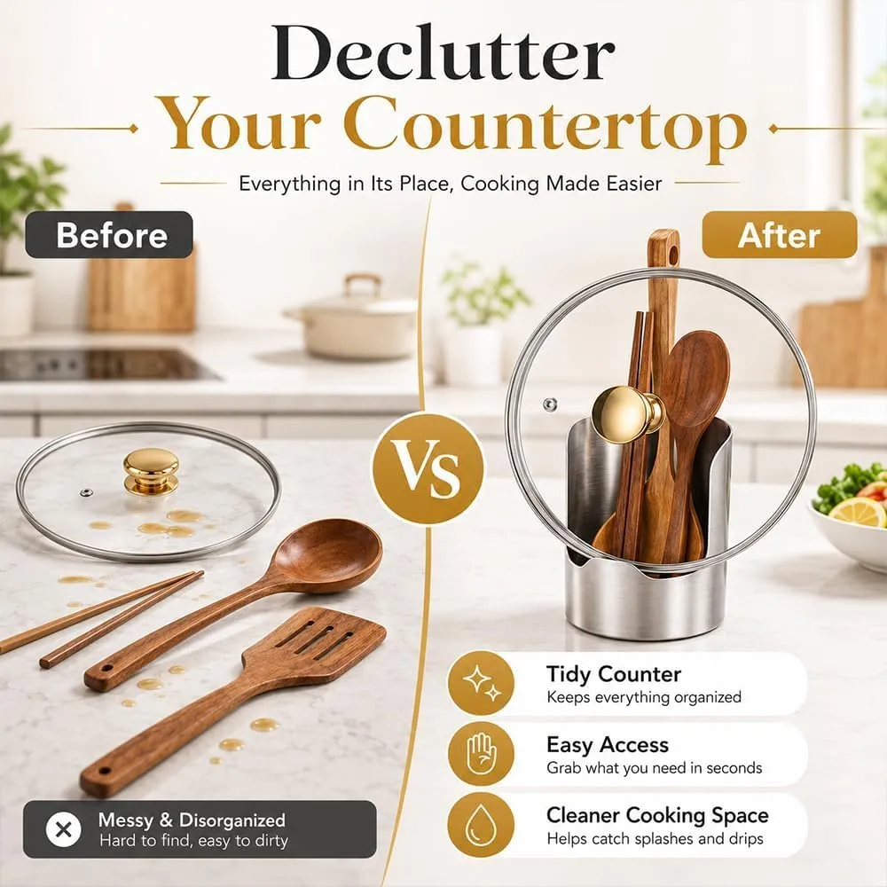 Before and after kitchen countertop organization with stainless steel utensil holder