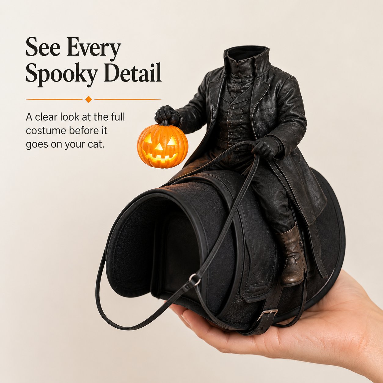 Hand holding the full headless rider cat costume before use
