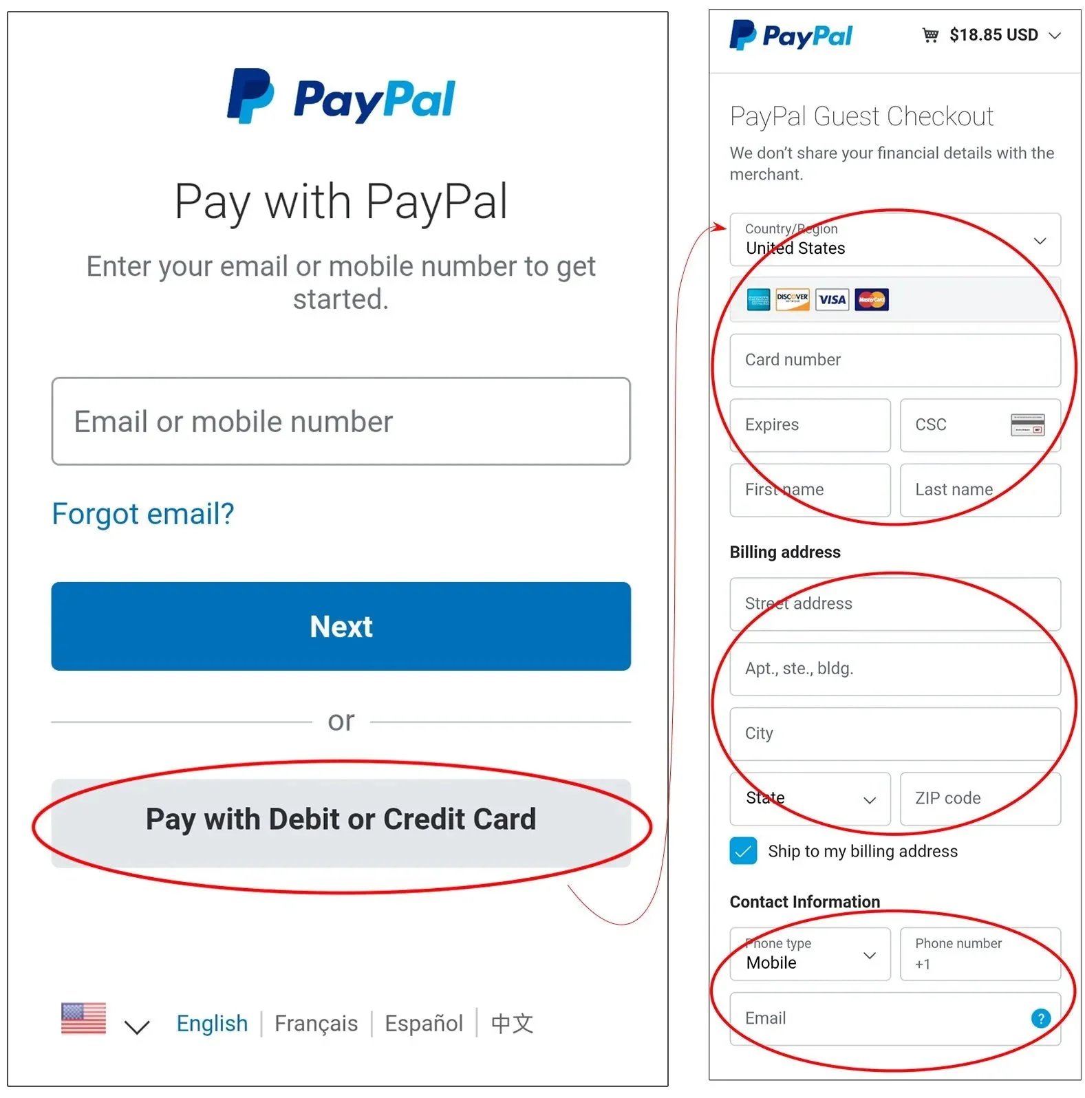 Illustrative PayPal and debit or credit card checkout guide