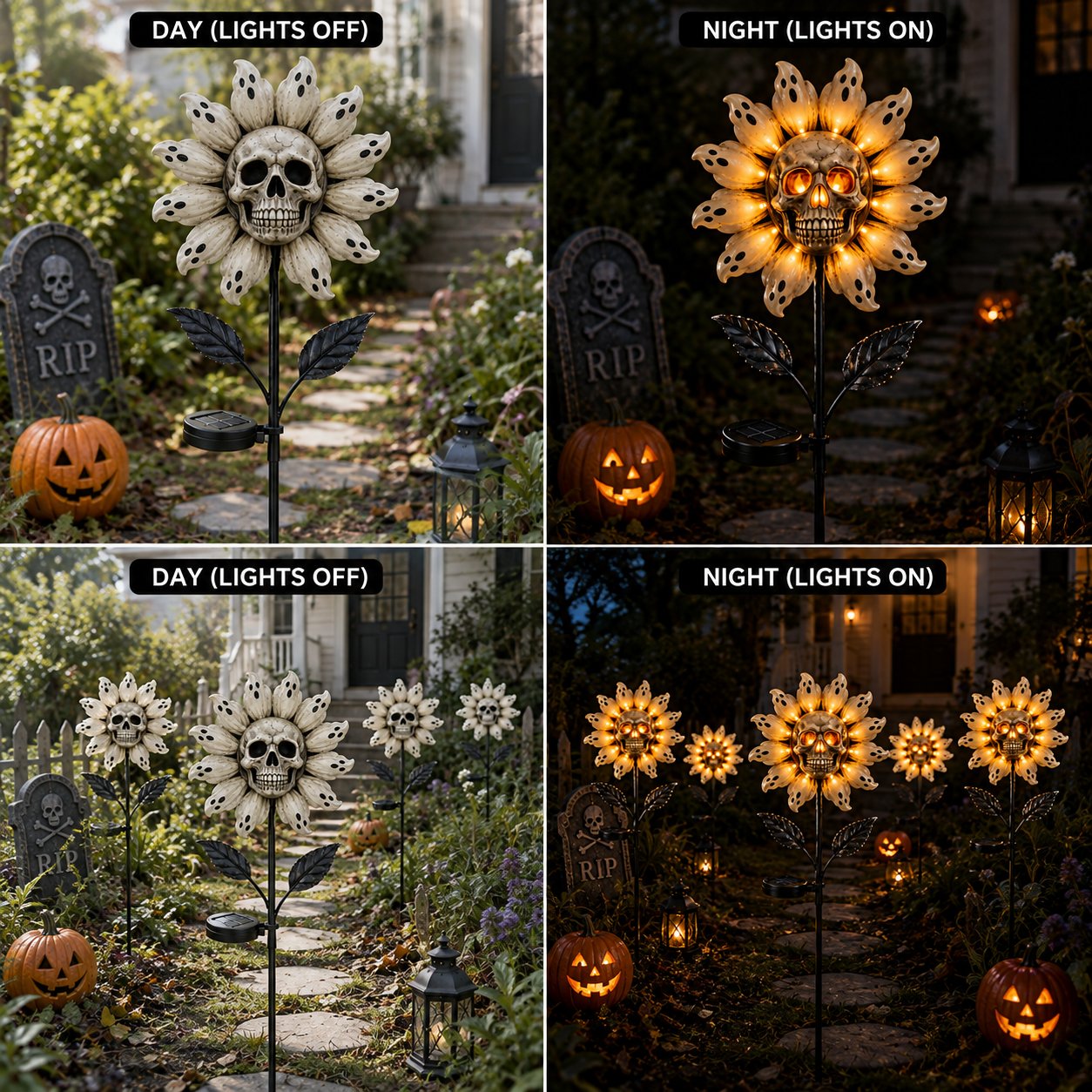 Day and night comparison of skull ghost sunflower solar garden stake