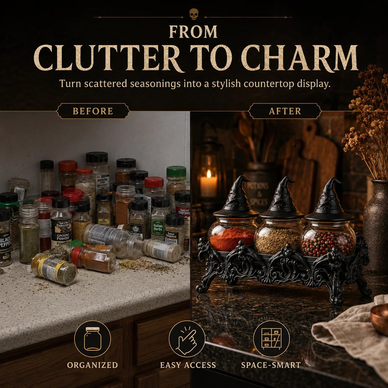 Organized spice jars on countertop replacing cluttered bottles