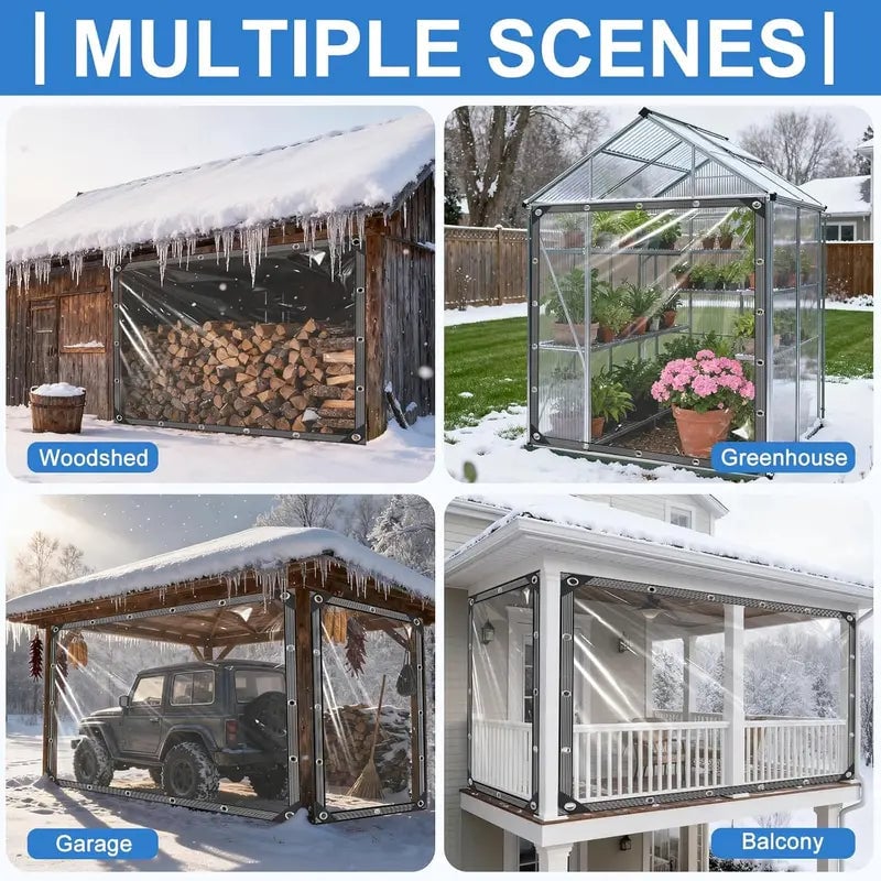 Clear tarp used on a woodshed, greenhouse, garage and balcony in winter