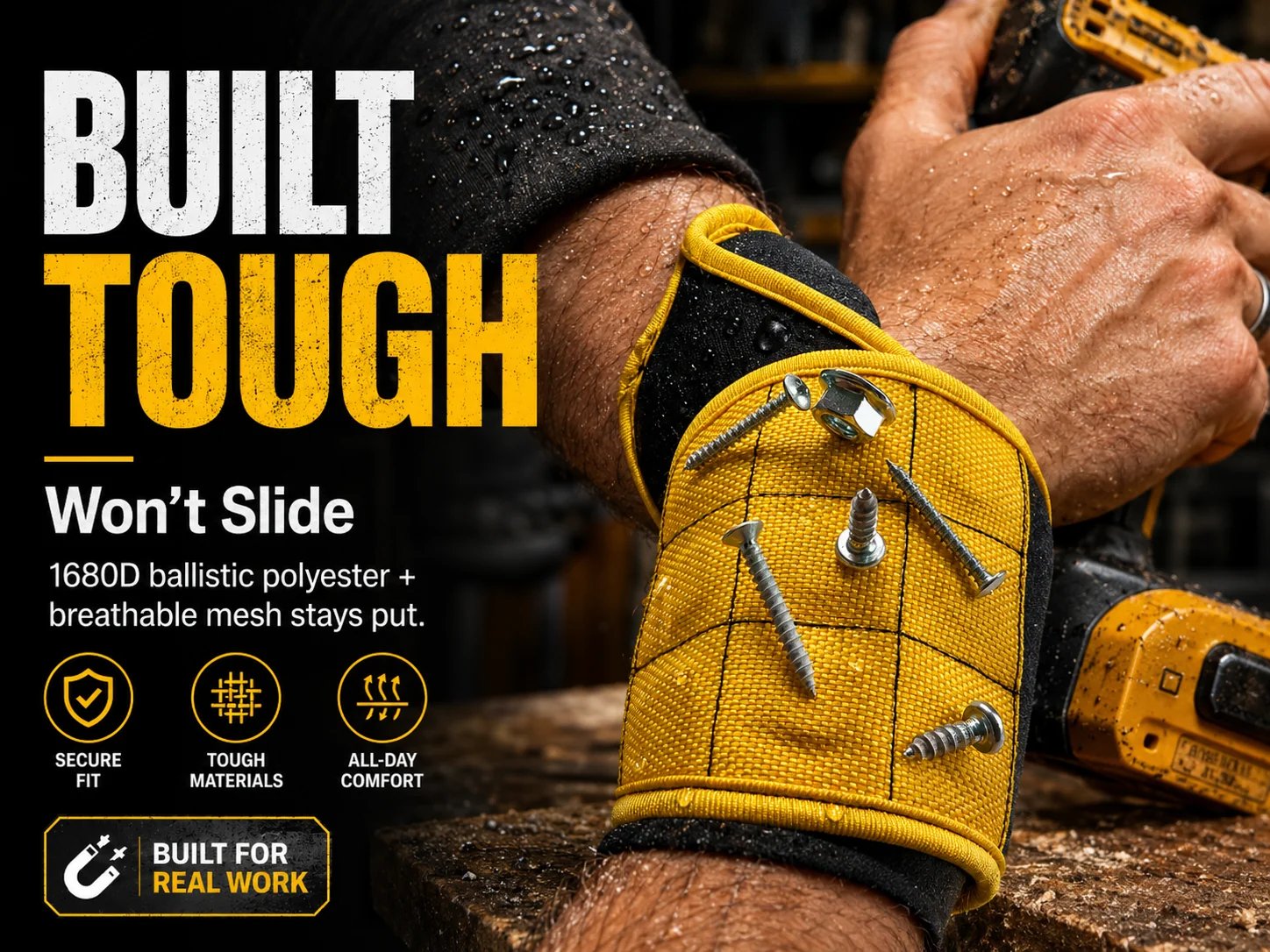 Durable 1680D magnetic wristband in a rugged workshop environment
