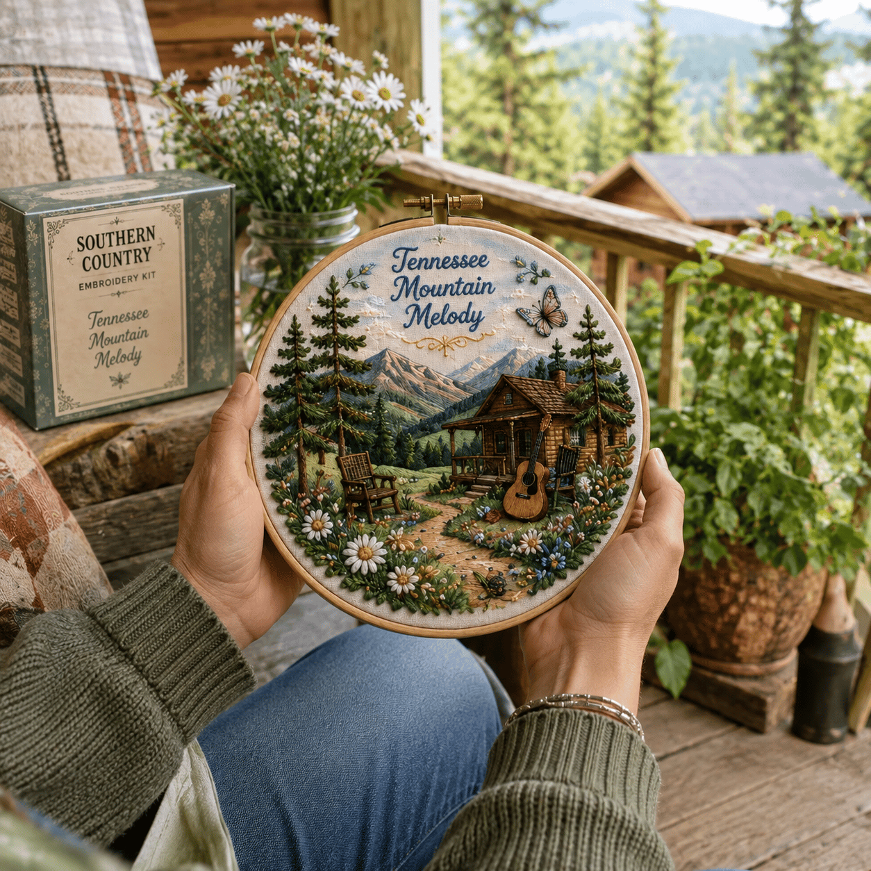Customer displaying the finished Tennessee Mountain Melody embroidery outdoors