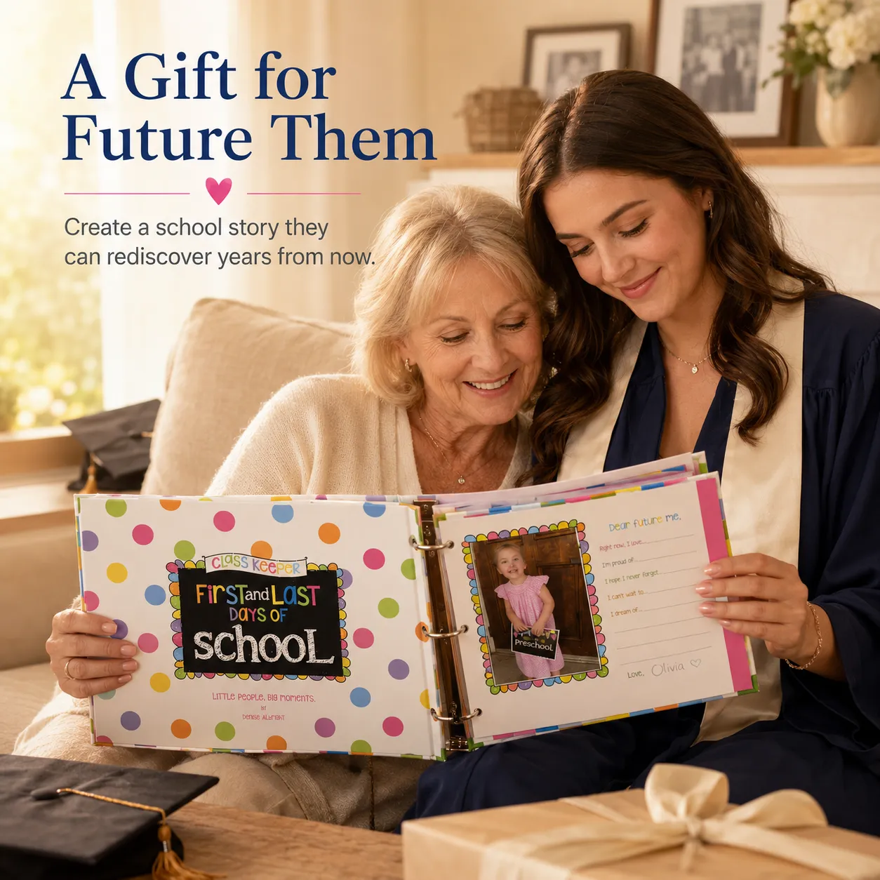 Grandmother and graduate looking through a school memory keepsake binder together in a warm family living room