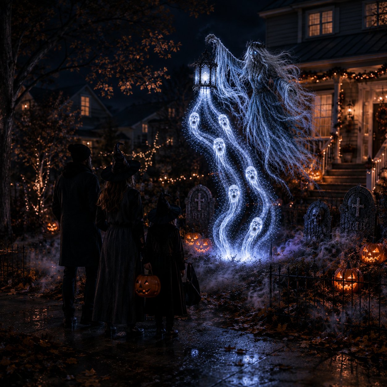 Cold-white Halloween yard centerpiece