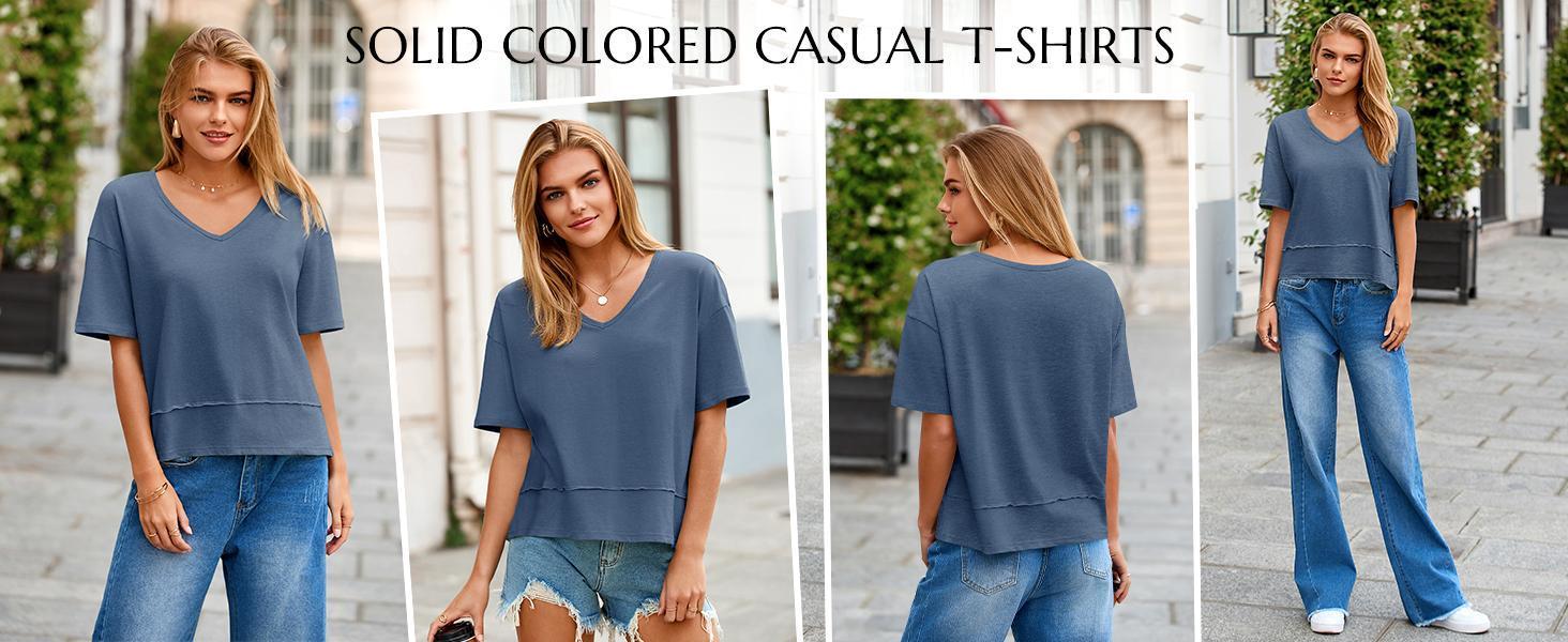 Imily Bela Womens Summer V Neck T Shirts Casual Short Sleeve Flowy Tops Cute Loose Fit Basic Tees Summervibes