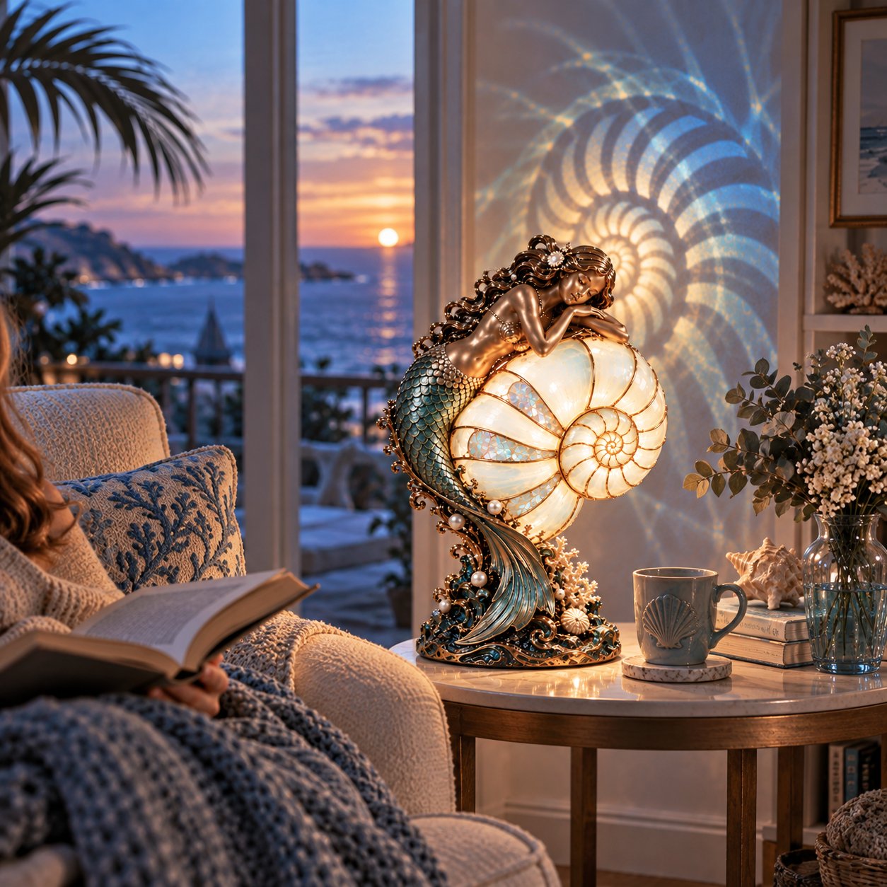Mermaid’s Dream lamp glowing beside a chair, with a spiral shell projection on the wall