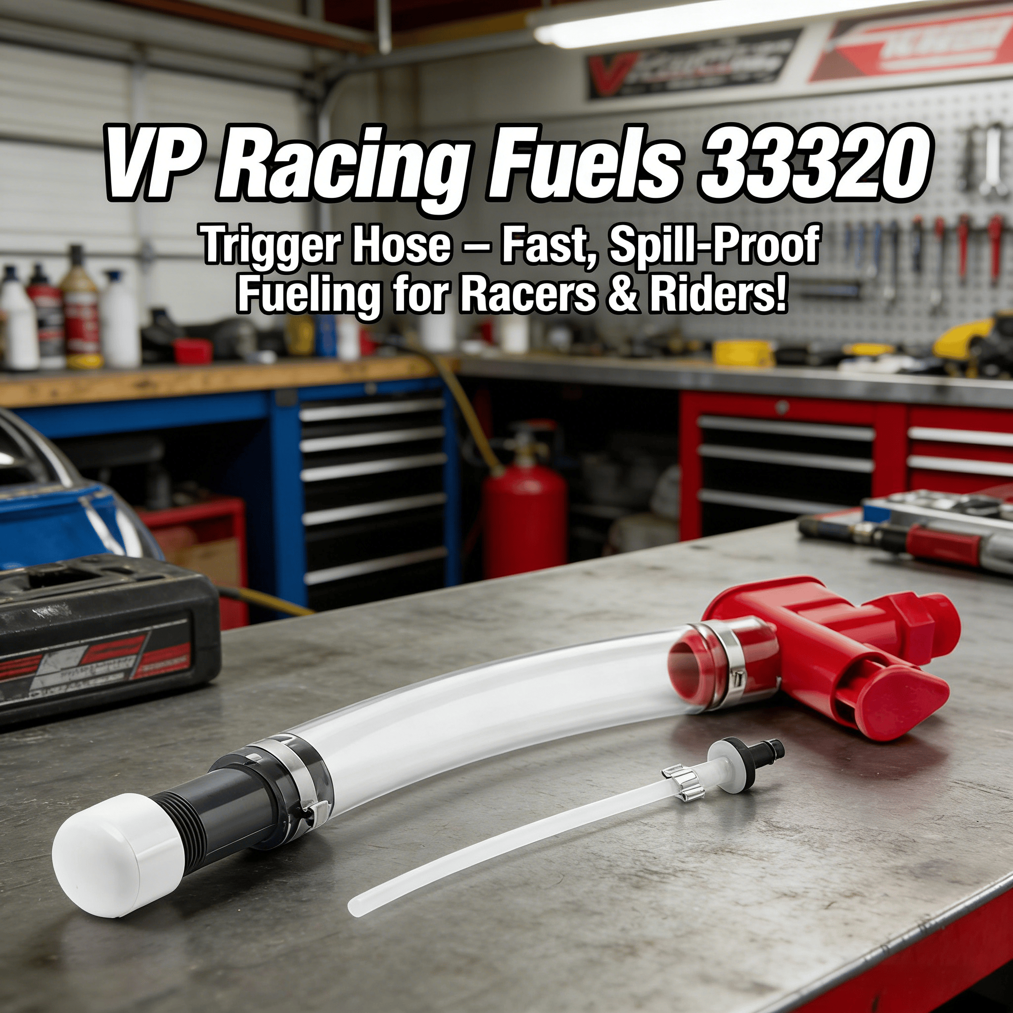 VP Racing Fuels 33320 Trigger Hose in garage scene