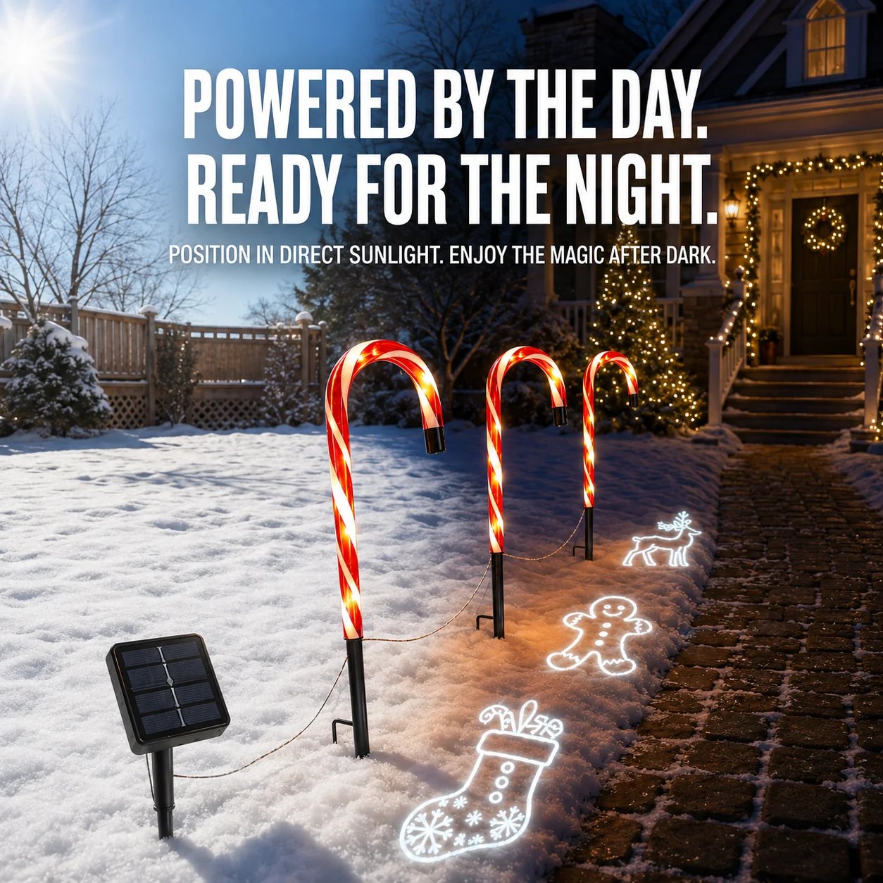 Solar powered candy cane pathway lights during day and night
