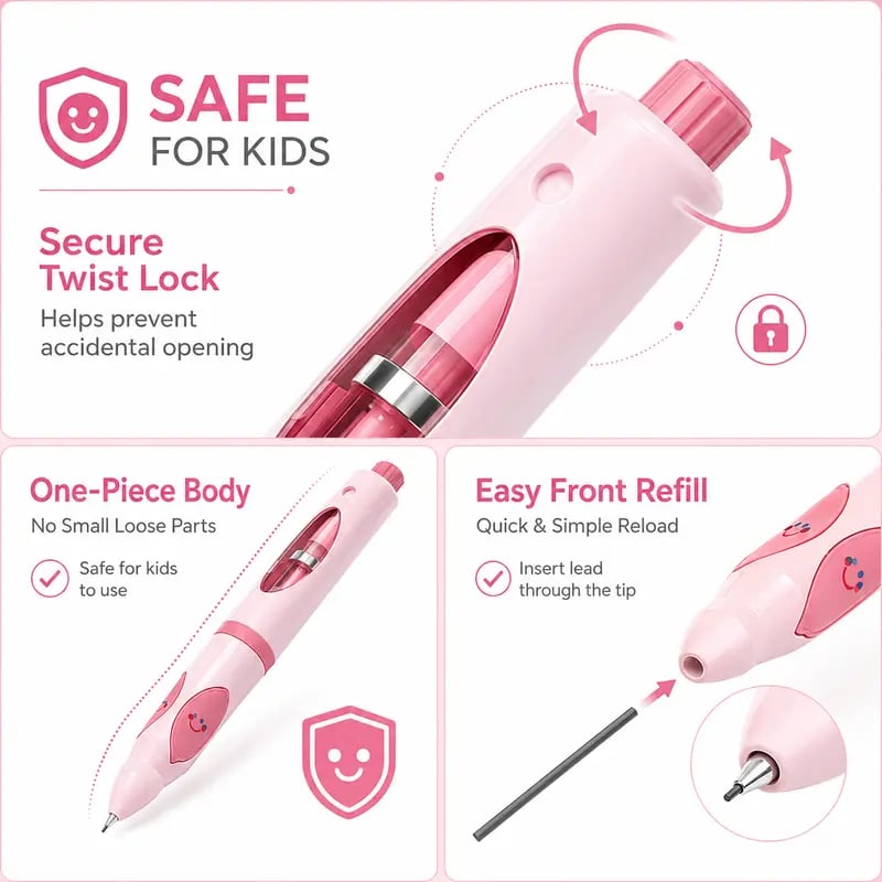 Retractable tip feature of ergonomic writing aid pencil