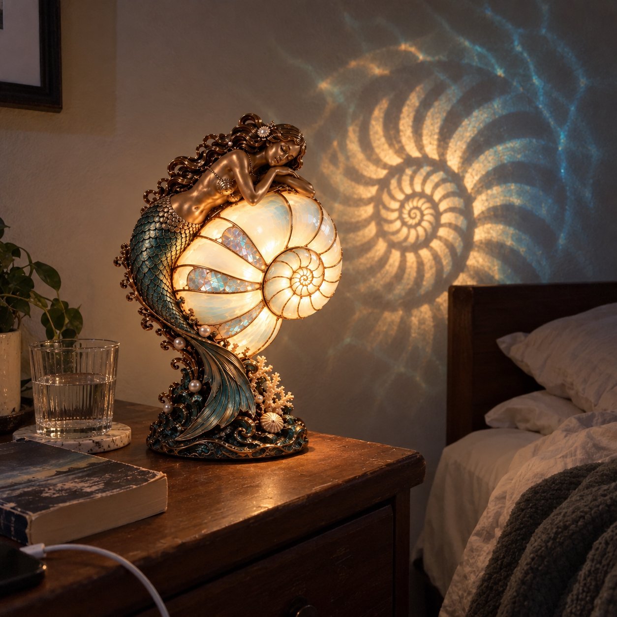 Mermaid lamp on a bedside table with its spiral projection on the wall