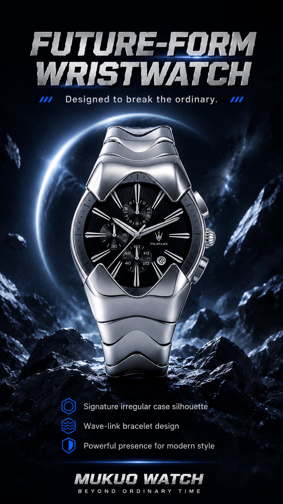 Futuristic wave-link wristwatch overview and specifications