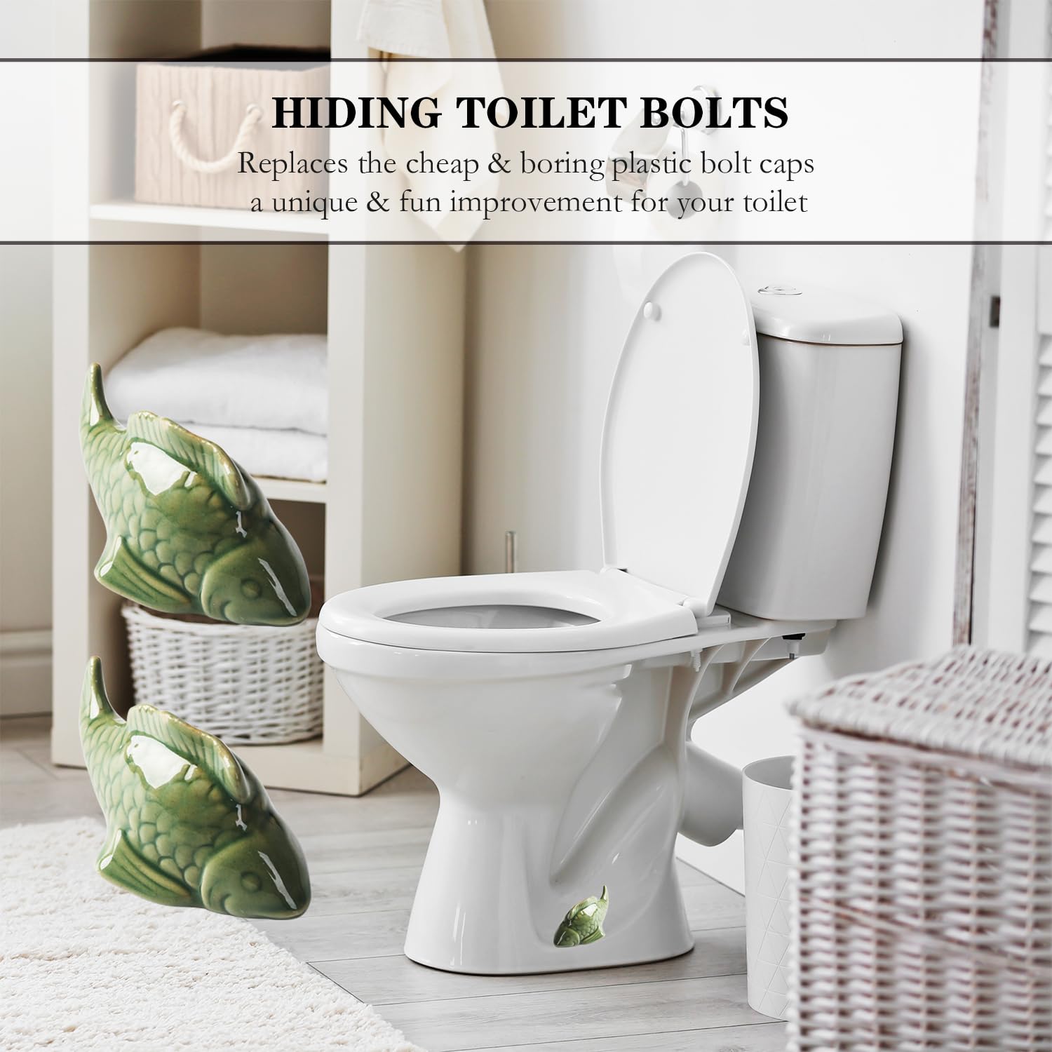 Fish shaped ceramic bolt caps displayed with a toilet