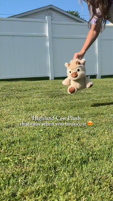 Run Series Highland Cow Plush Toy moving in a playful running motion