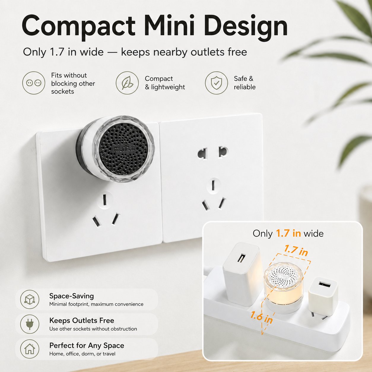 Compact plug-in doorbell chime shown beside other outlet devices with inch measurements