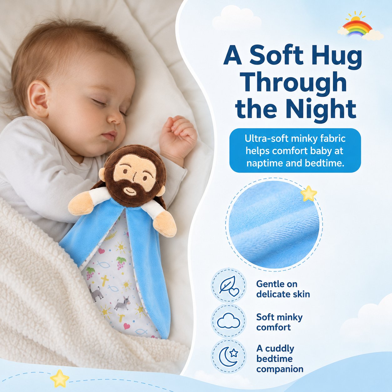 Soft fabric details of Jesus baby lovey blanket