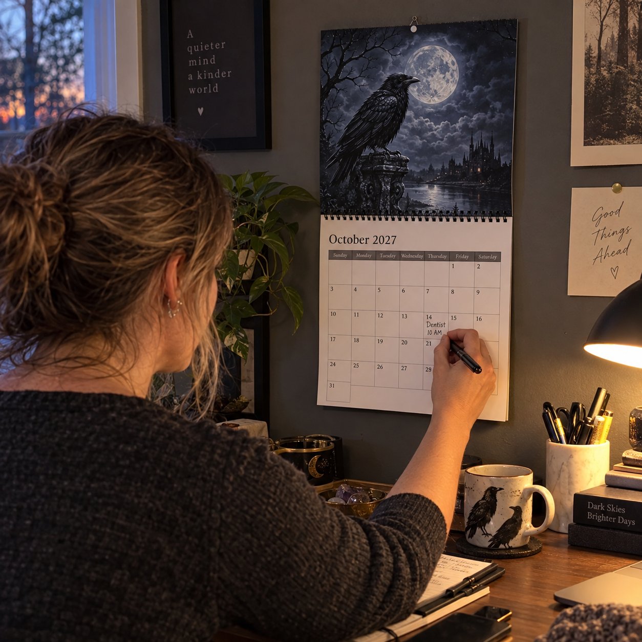 Calendar displayed above a desk while a person writes in the date grid
