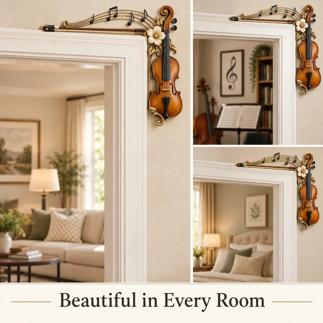 Closer view of the violin musical notes door topper