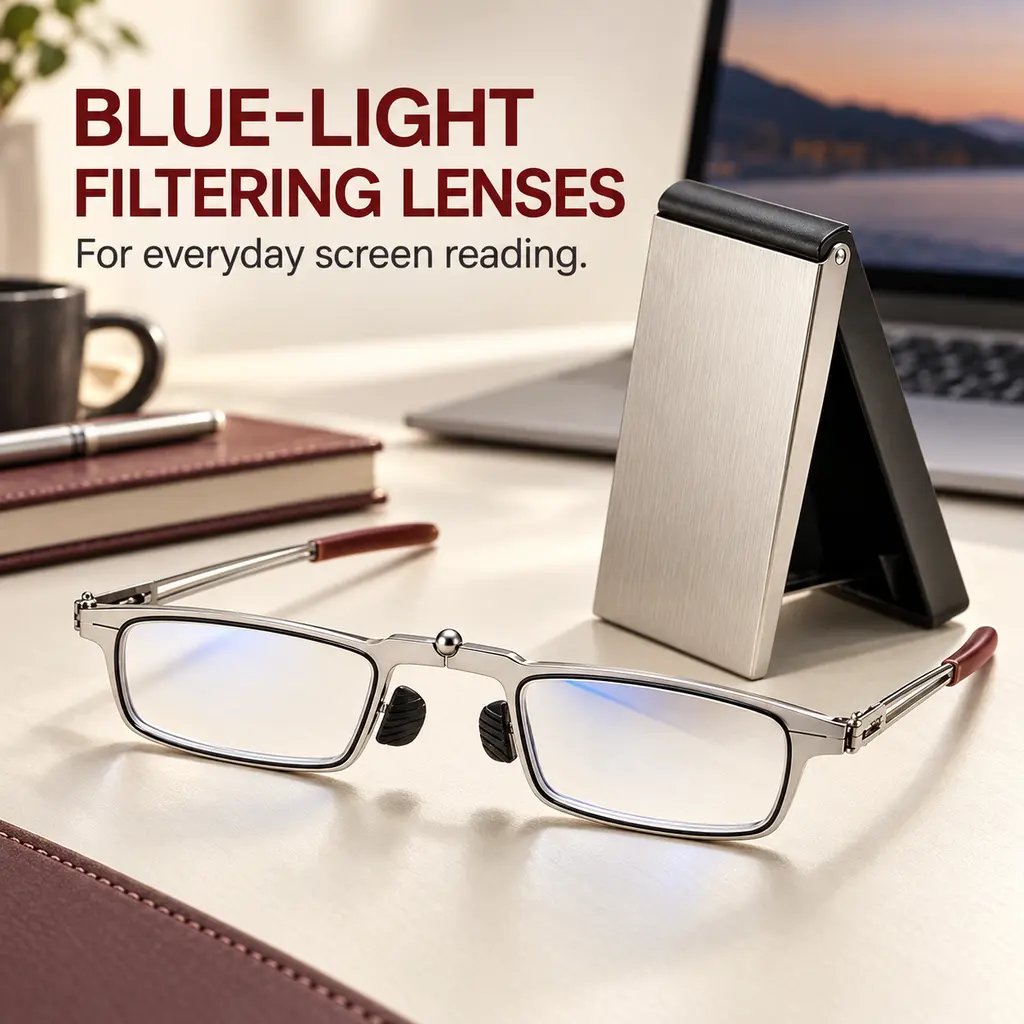 Clear reading lenses with a subtle blue reflection beside a laptop
