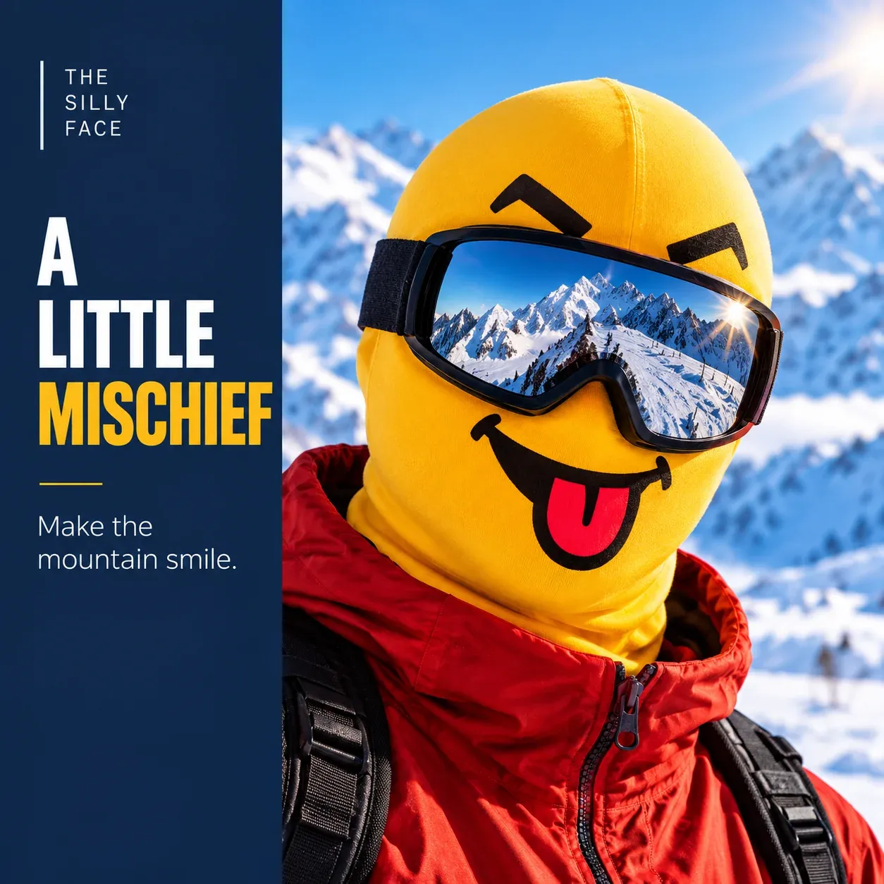 Close-up detail of the yellow Silly expression ski mask