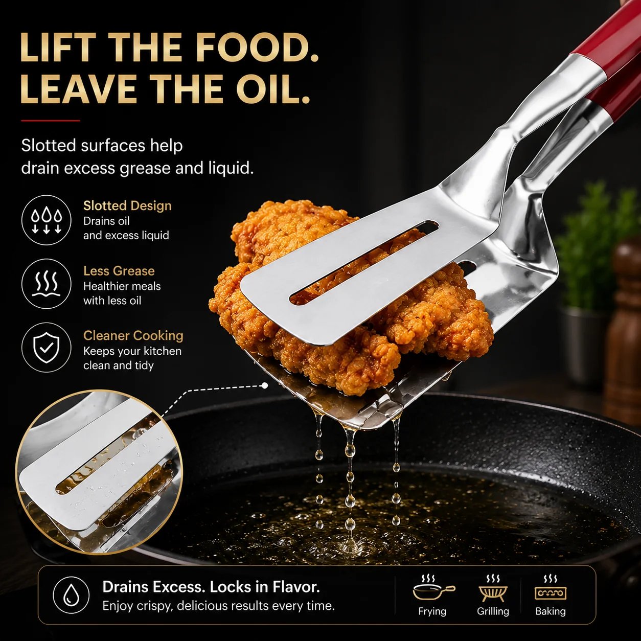 Slotted spatula tongs draining excess cooking oil
