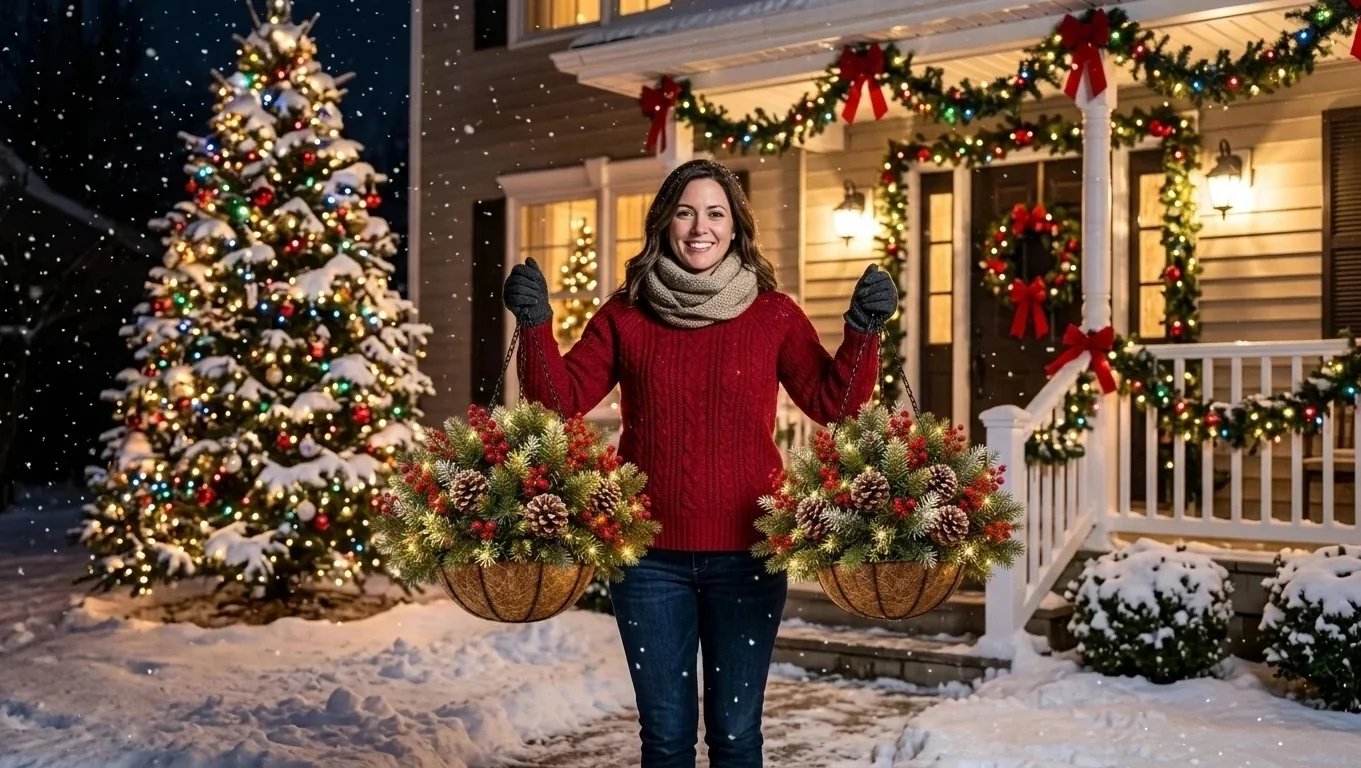 Woman carrying two pre-lit Christmas hanging baskets