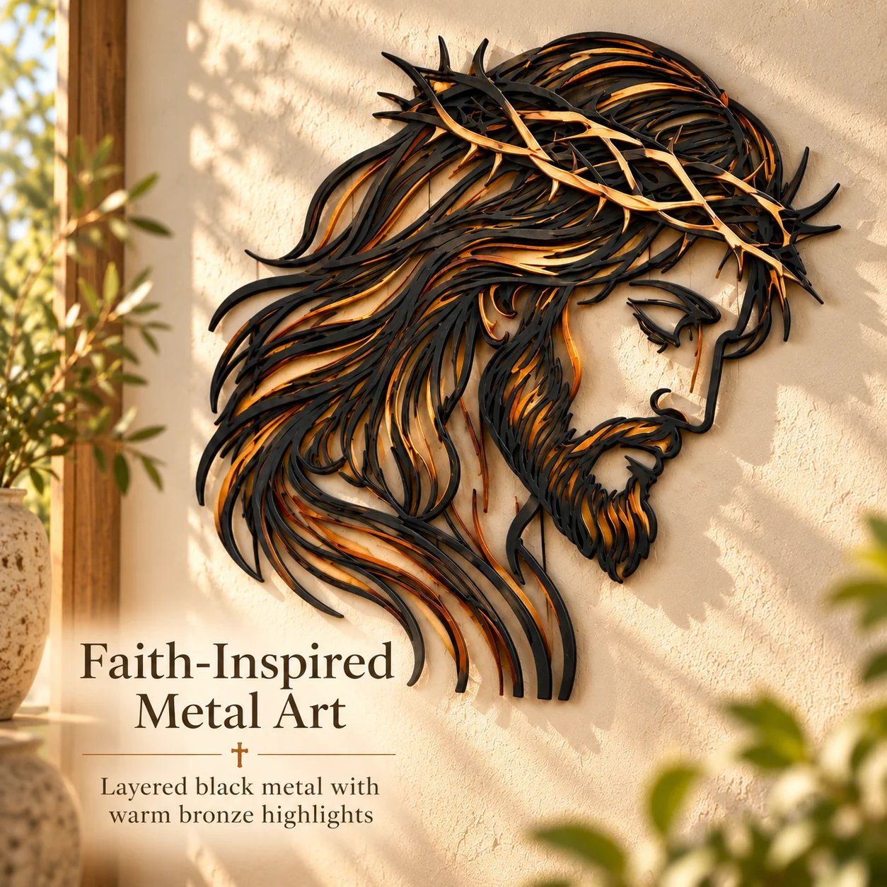 Faith inspired black and bronze Jesus wall art