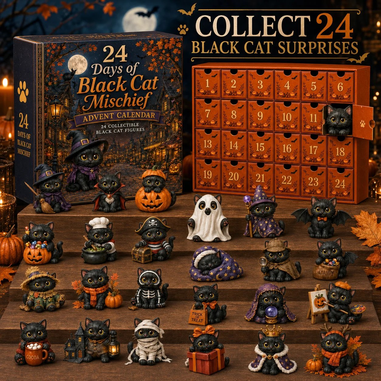 Twenty-four collectible black cat Halloween figures