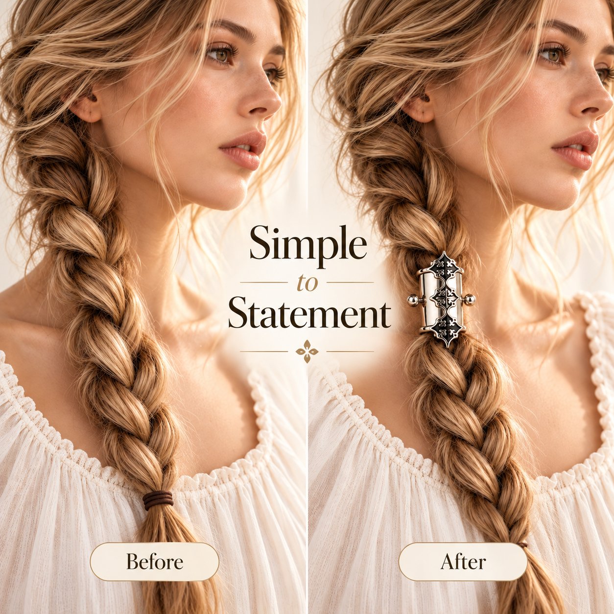 Close view of the silver-toned finish and raised detailing on the hair cuffs