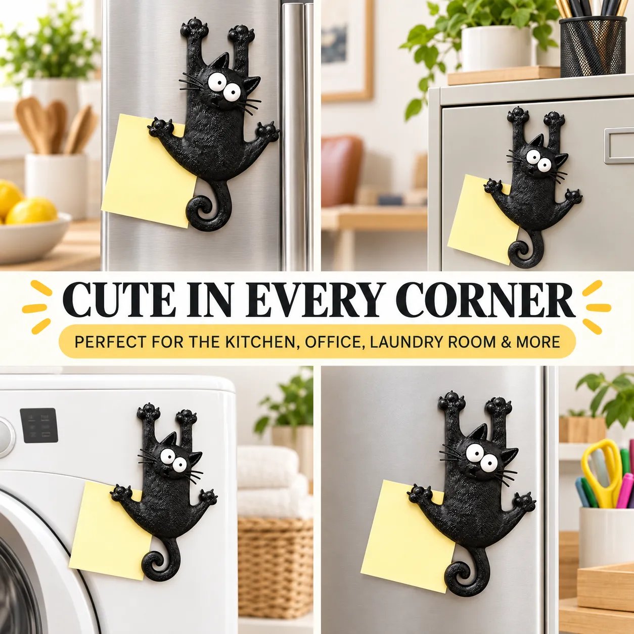 Hanging black cat holding notes
