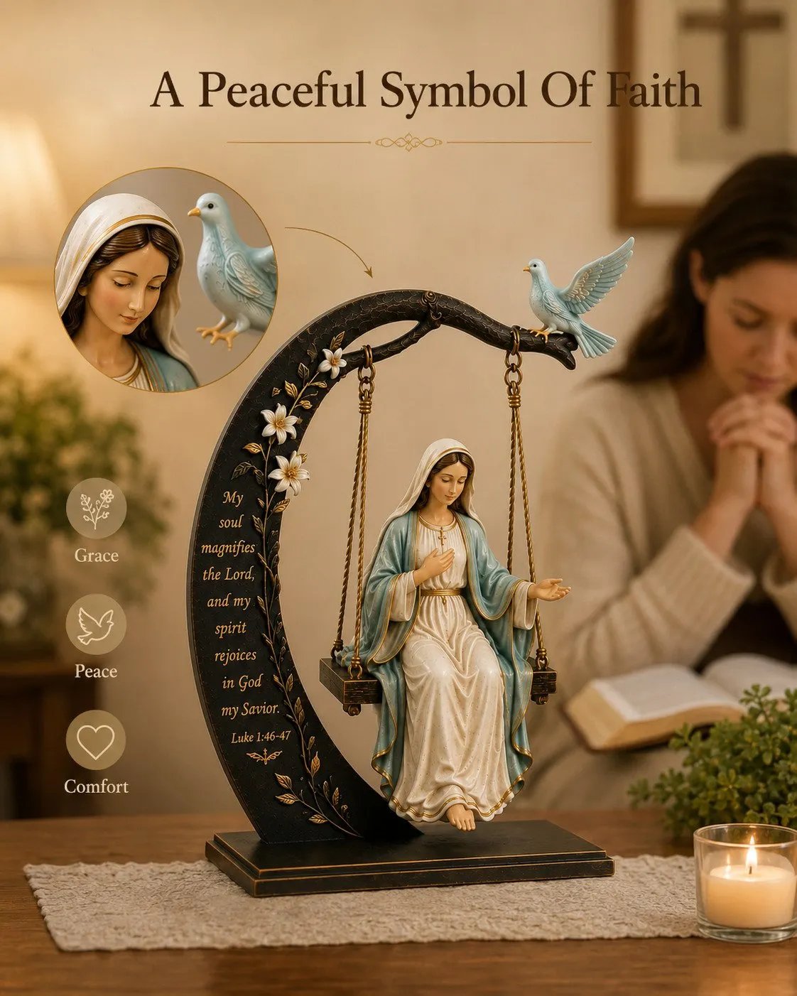 Decorative details of Blessed Virgin Mary swing statue