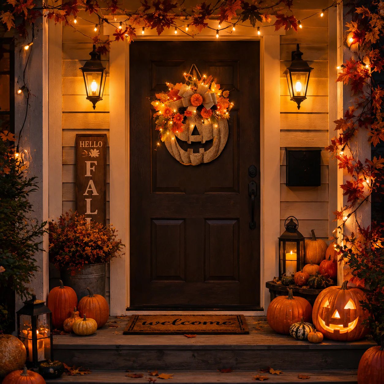Smiling pumpkin face with autumn decorations