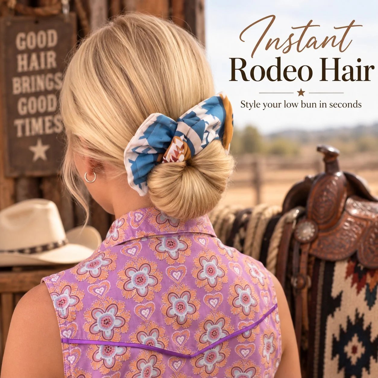 Southwest print bow styled around a low bun with a purple Western shirt