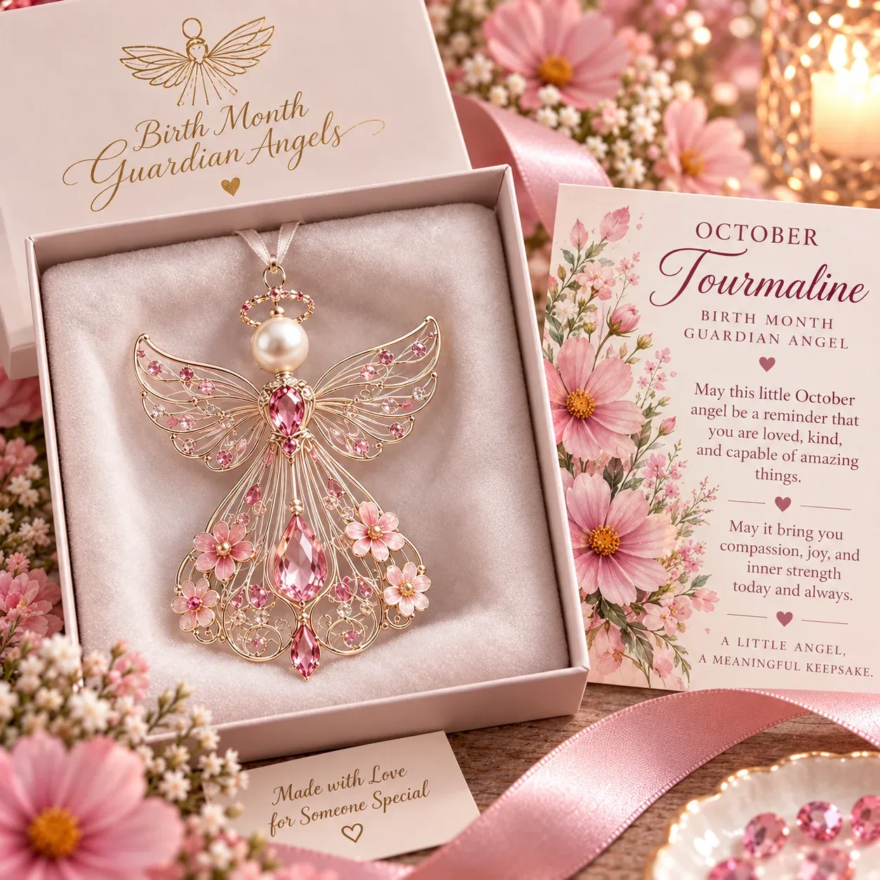 October guardian angel with tourmaline pink-inspired accents
