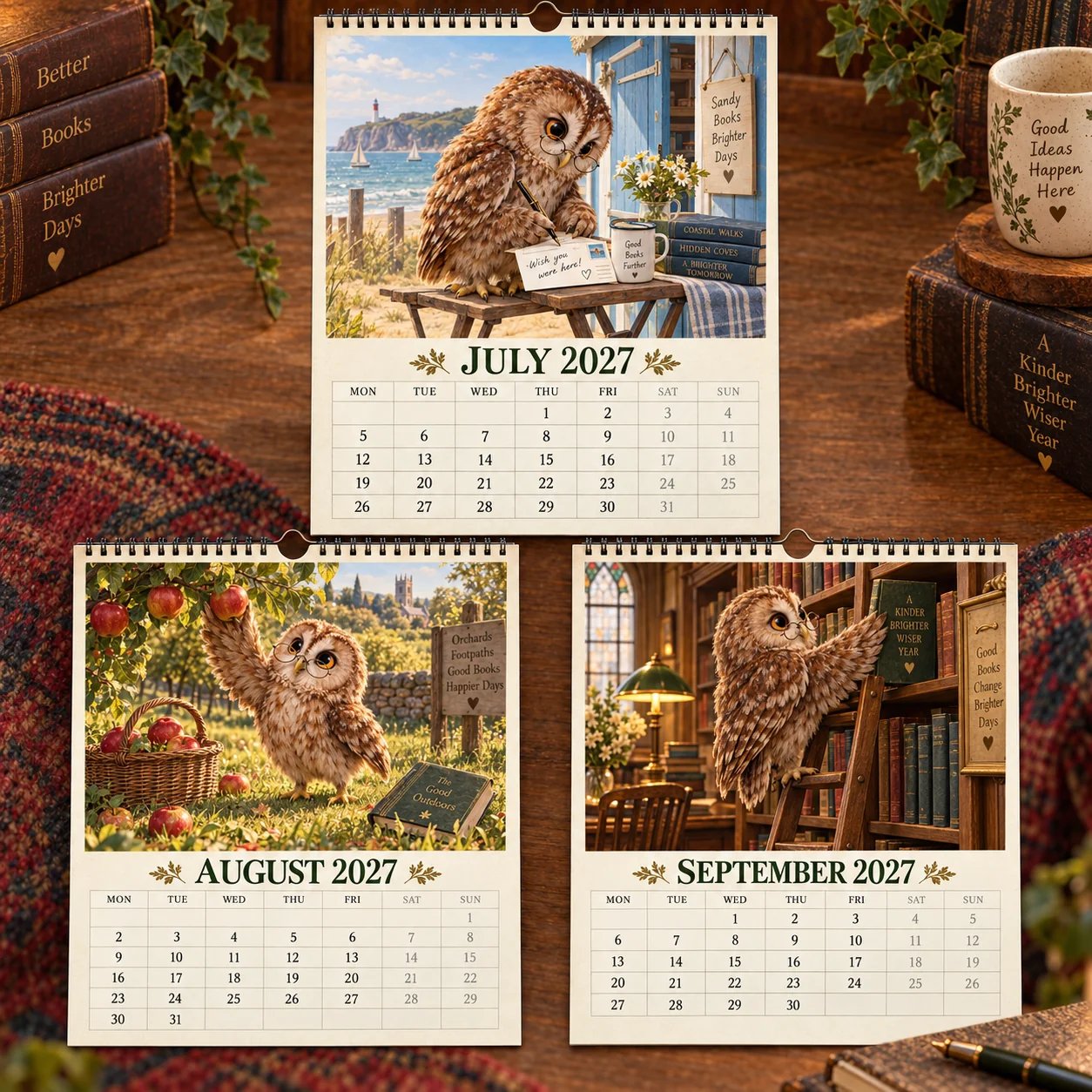 Cozy reading owl calendar artwork