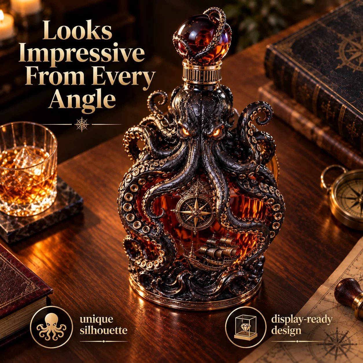 Dark Legend collector box and Kraken decanter presentation