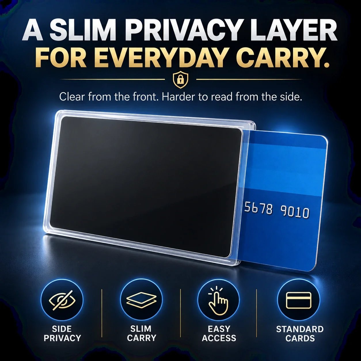 Summary of privacy sleeve benefits including side privacy, slim carry, easy access, and standard card compatibility Summary of privacy sleeve benefits including side privacy, slim carry, easy access, and standard card compatibility