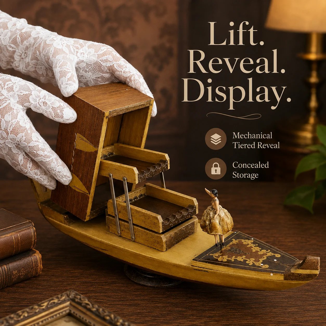 Italian wooden gondola music box vintage details
