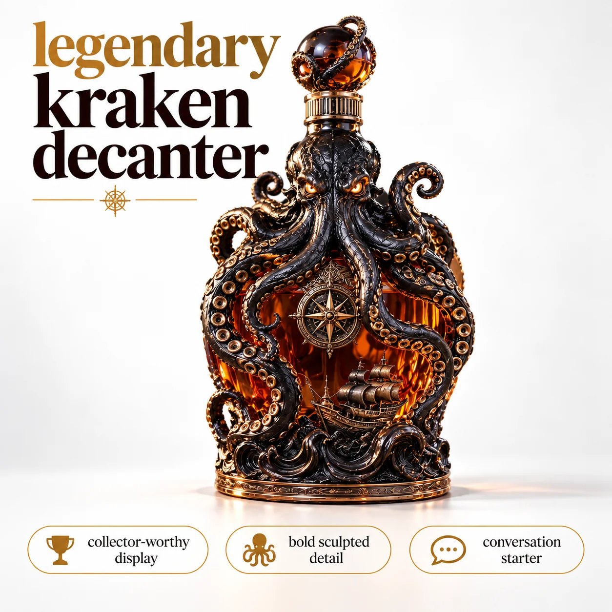 Dark Abyss Kraken Decanter with sculpted tentacles and amber glass